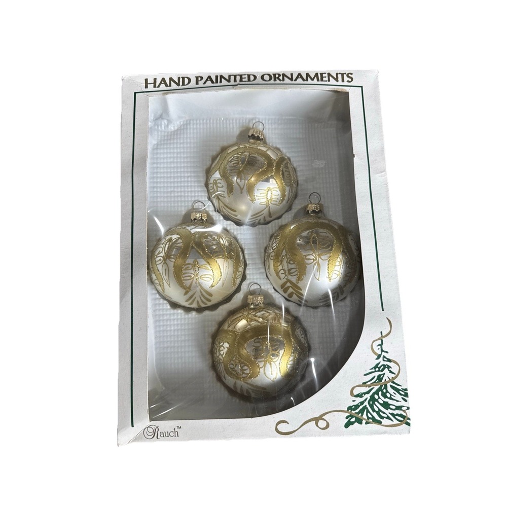 4 Vtg Handpainted Rauch Mercury Glass Gold Christmas Ornate Ornaments "R" On Cap